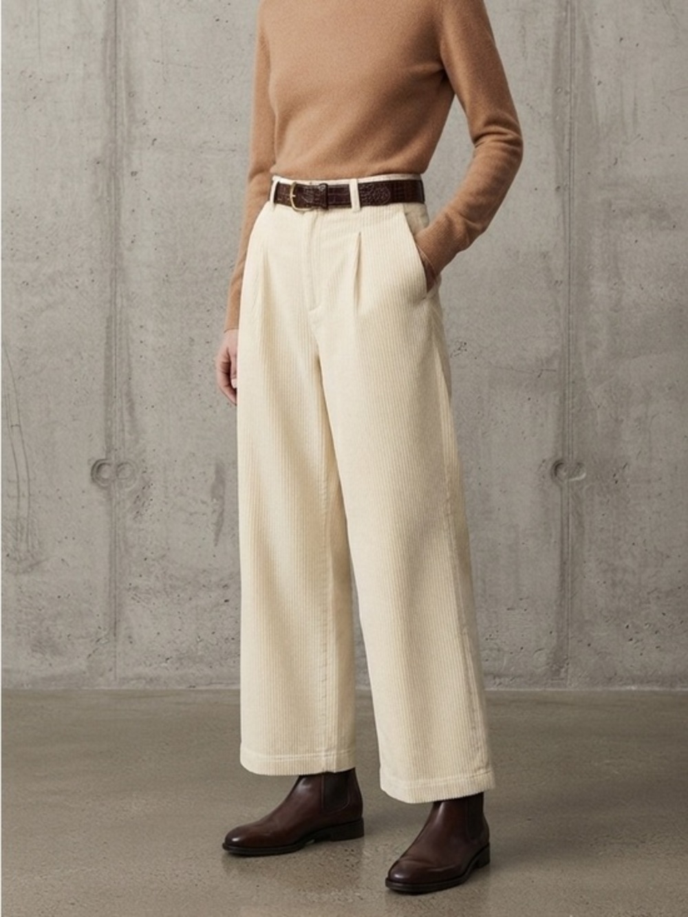 Highrise Wide Leg Cream Corduroy Pleated Pants Size Small